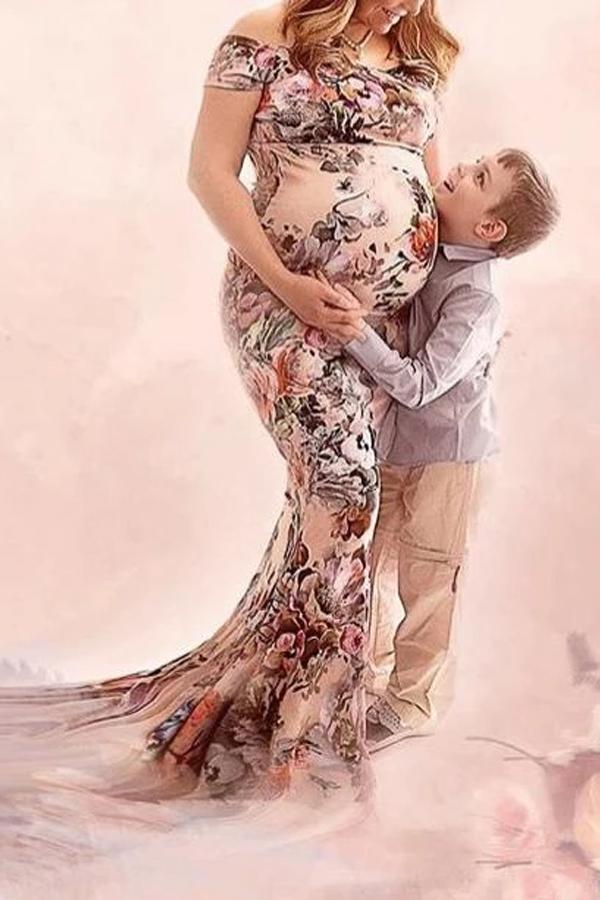 Maternity Floral Print Off Shoulder Floor-Length Dress