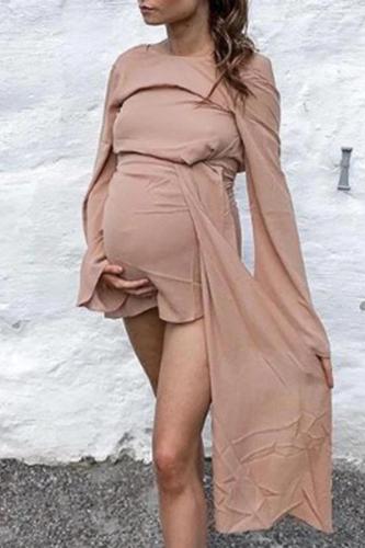 Maternity Fashion Round Neck Flared Sleeves Solid Color Stitching Dress