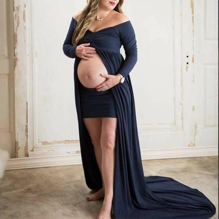 Maternity Plain Off Shoulder Long Sleeve Formal  Photoshoot Gowns  Dress