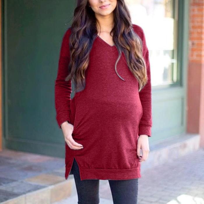Maternity Clothes Winter Women Pregnant Maternity Cotton Blend V-Neck Long Sleeve Tops Pocket