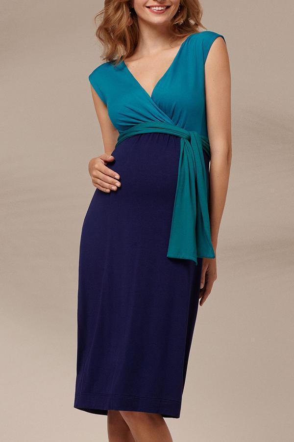 Maternity Sleeveless V-Neck Bow Tie Midi Dress