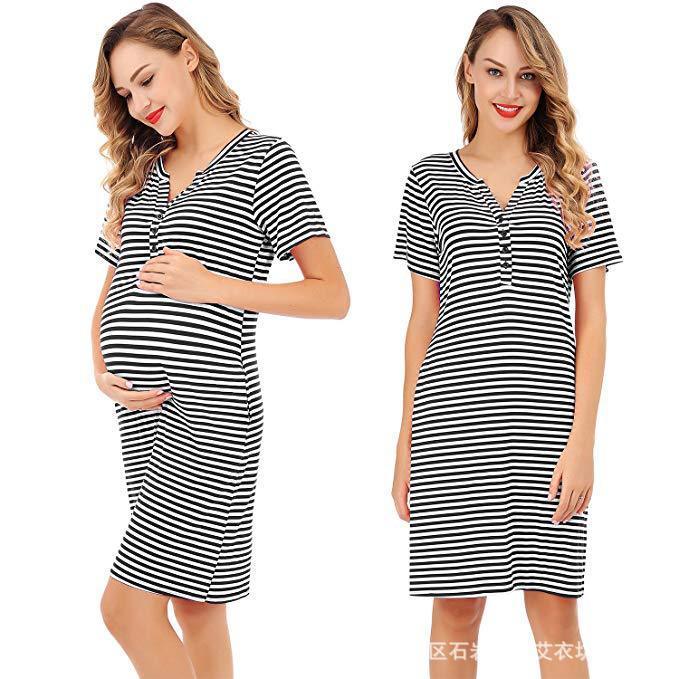 Women's Nursing Dress Short Sleeve Maternity Dress Stripe Nursing Pajama