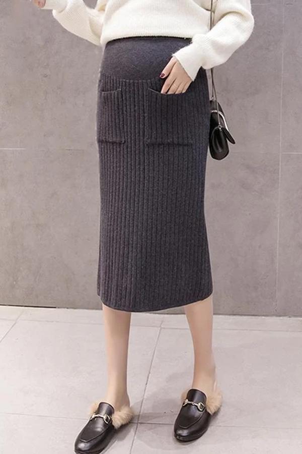 Maternity Casual Patch Pocket Knit Thicken Skirt
