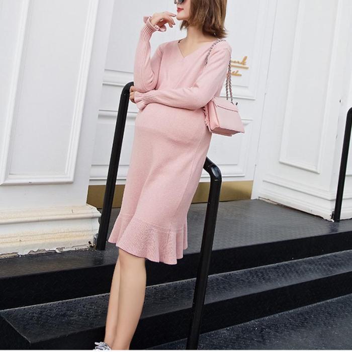 Maternity Solid Color V-Neck Long Sleeve Sweater Dress