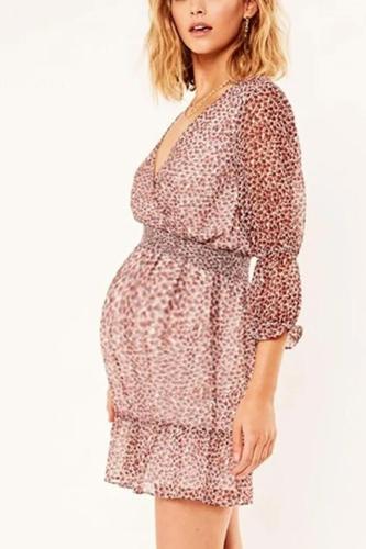 Maternity Fashion Deep V-Neck Three-Quarter Sleeve Printed Dress