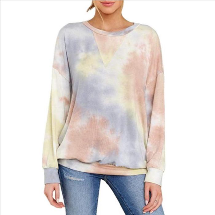 women's Tie Dyed long-sleeved Round-neck T-shirt Guard Women