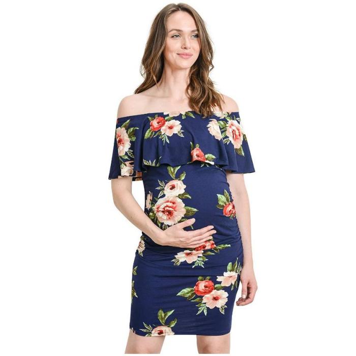 2020 Summer New Women's One Line Elastic Slim Print Maternity Dress