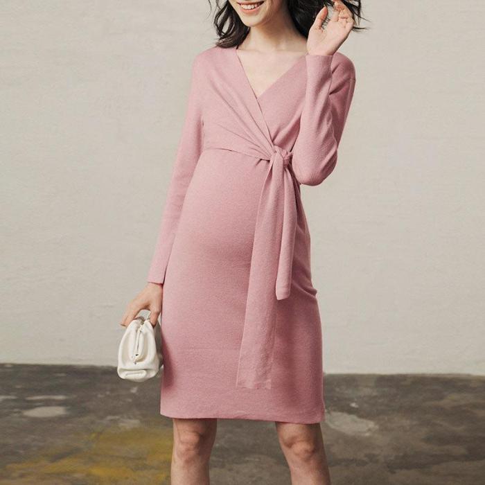 Pregnant women's autumn and winter lactation solid color long sleeve medium length lace up dress