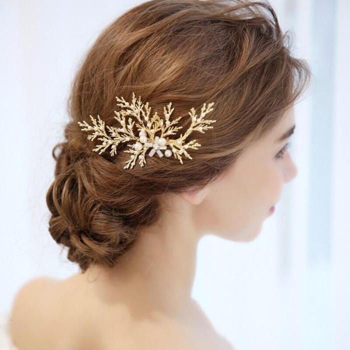 Golden Leaves Bridal Hair Comb Pearls Photography Hair Accessories