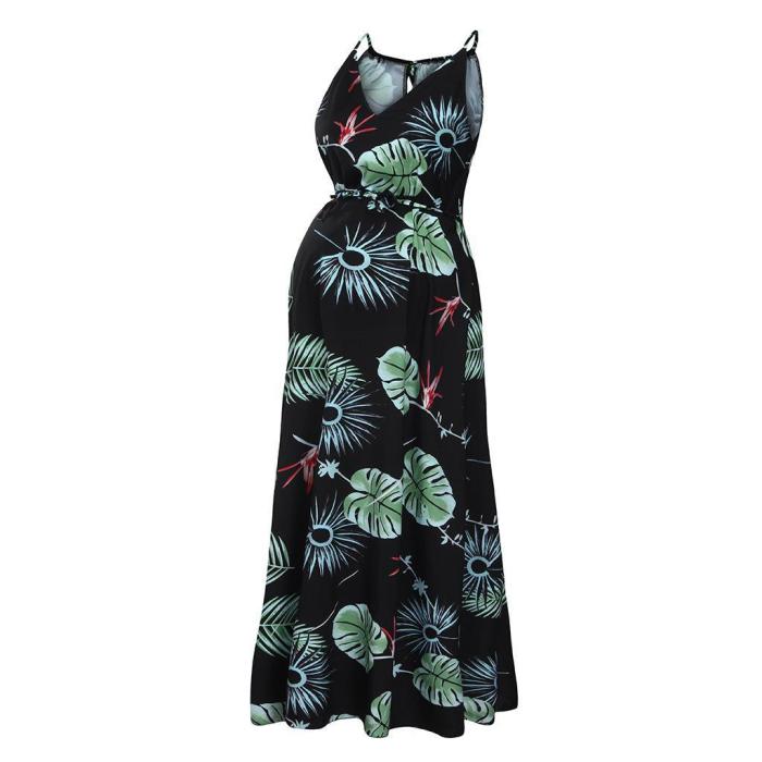 Maternity Dress Leaf Print Maxi Dress Summer Casual V Neck Resort Elegant Beach Pregnancy Clothes