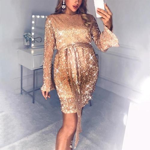 Maternity Elegant Round Neck Sequined Flare Sleeve Mini Evening Gown