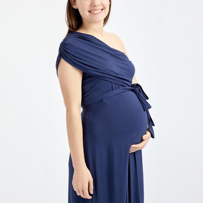 Maternity One Shoulder Bow Tie Full Length Dress
