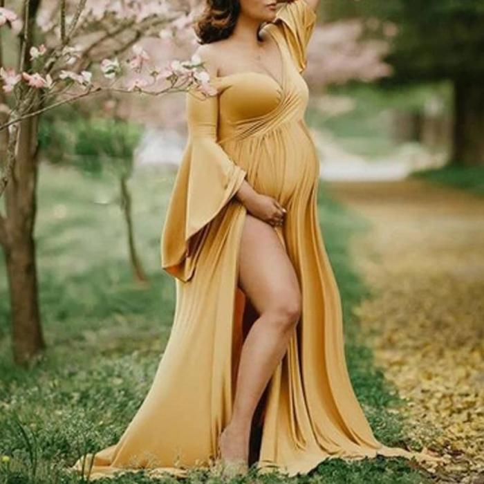 Maternity Sexy Solid Color Off Shoulder Tuff Sleeve High Split Dress