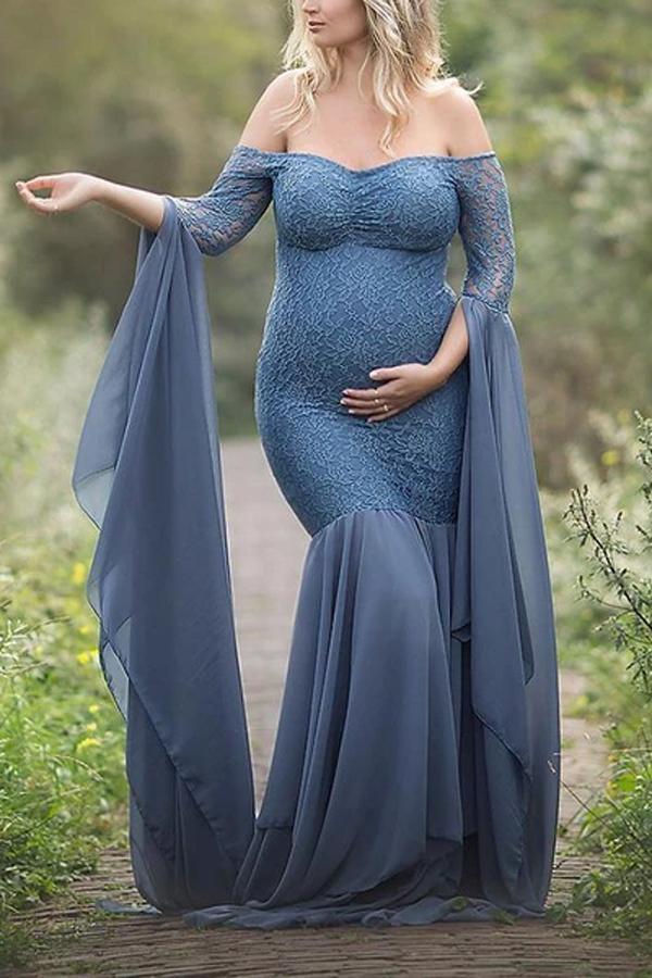 Maternity Solid Color Off Shoulder Long Sleeve Photo Props Gown
