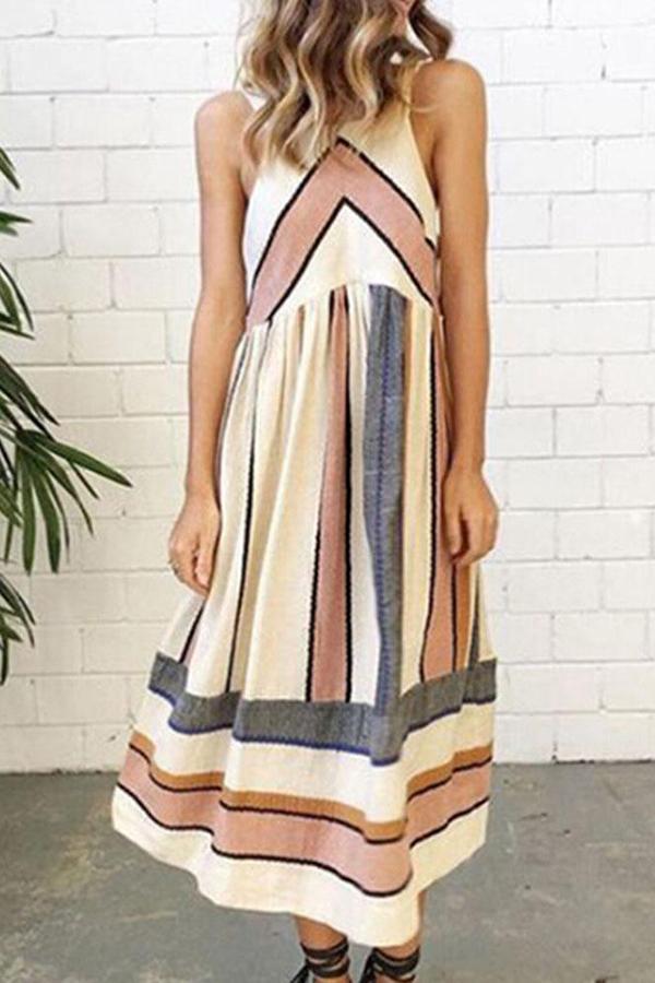 Maternity Casual Stripe Sleeveless Tea-Length Dress