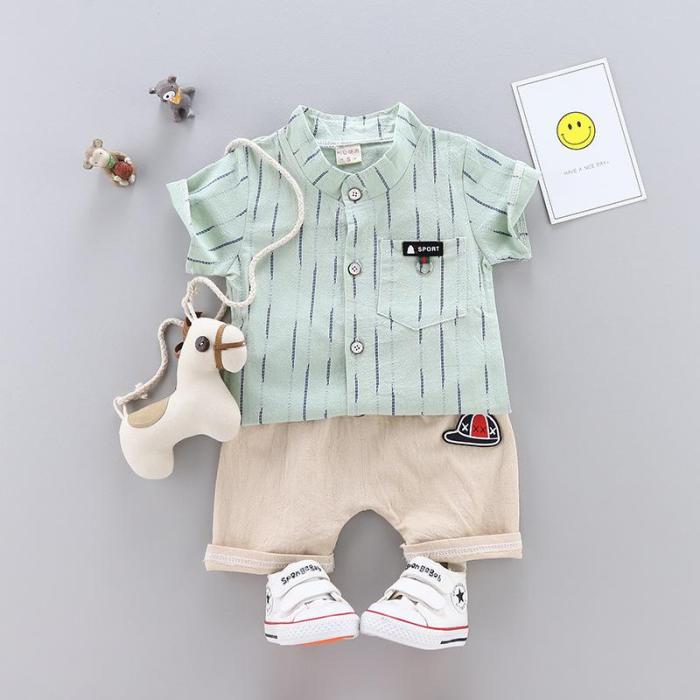 2020 summer new boys lapel plaid striped shirt fashion yam classic two-piece set
