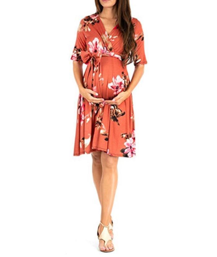 Maternity Floral Print V-Neck Dress