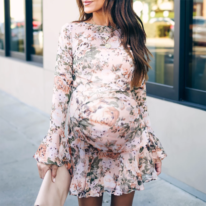 Maternity Casual Printed Round Neck Long Sleeve Dress