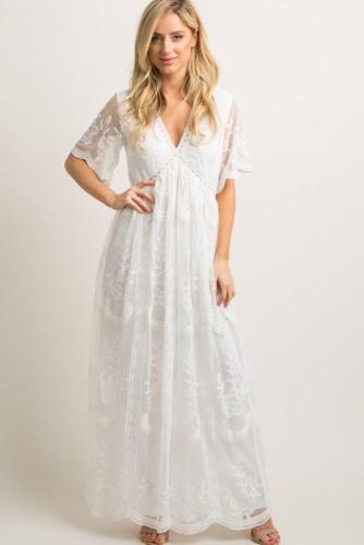 Lace Casual White Maternity Dresses For  Photoshoot Gowns