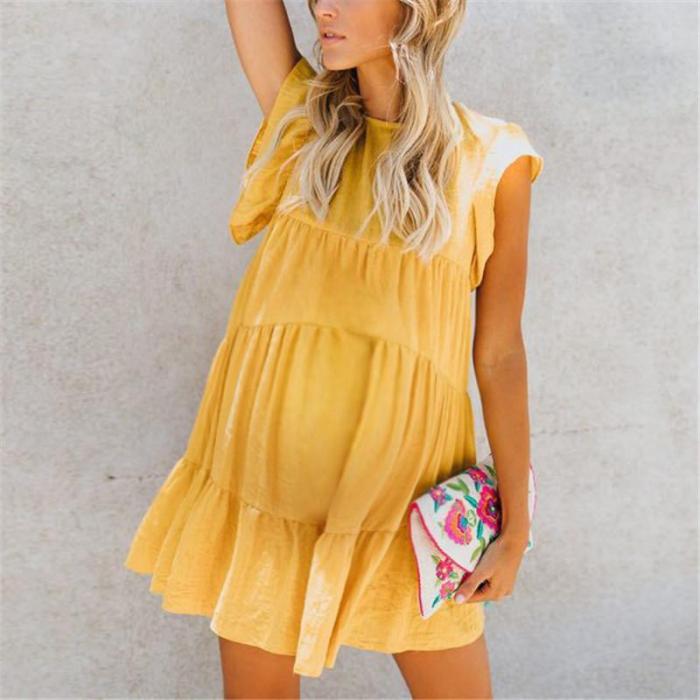 Maternity Solid Color Splicing Ruffle Cake Dress