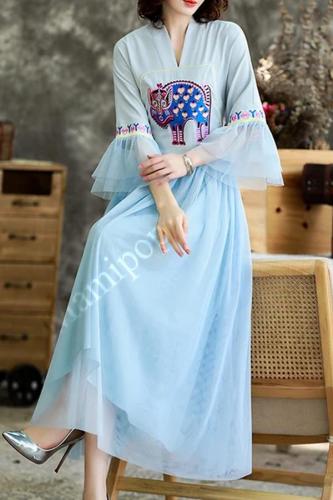 Spring  Vintage Style Embroidery Women's Flared Sleeves A-line Dress