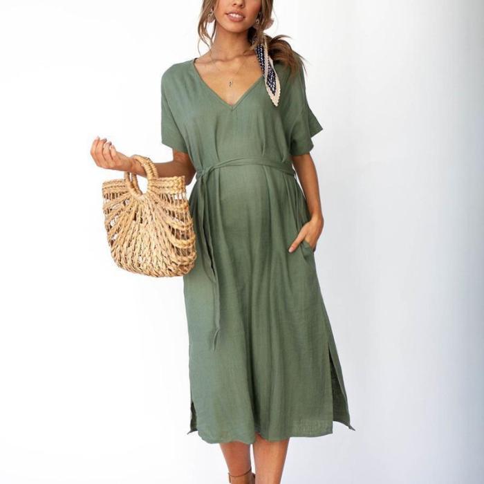 Maternity V-Neck A Slit - Belted Dress With Short Sleeves