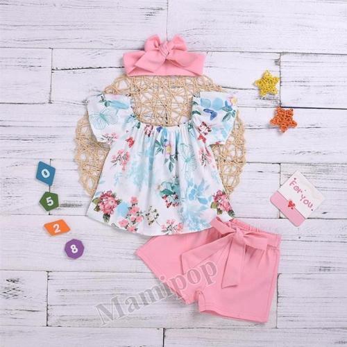 Baby Girls Clothes Flower Short Sleeve Clothes Outfit T-shirt Tops+ Bow Knot Shorts Set