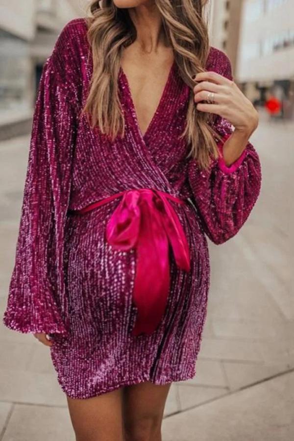 Maternity Sweet V-neck solid color long sleeve lace dress