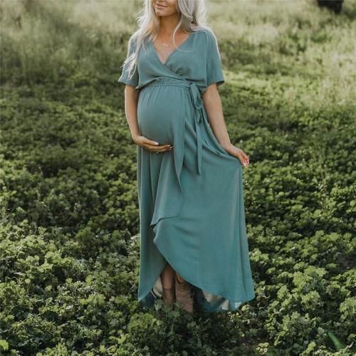 Maternity Fashion V Neck Short Sleeve Pure Colour Photoshoot Gowns Dress