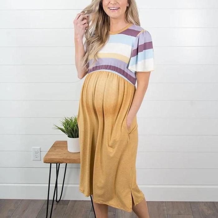 Maternity Commuting Striped Pure Color Short Sleeve Dress