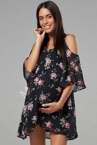 2020 New Printed V-neck Off Shoulder Short Sleeve Panel Loose Middle Sleeve Maternity Dress