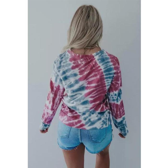 Women's New Rose Blue Tinted Printed Long-sleeved Top