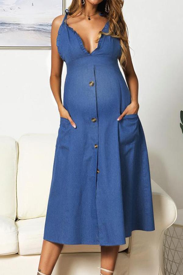 Maternity Sexy Sling Pure Color Single-Breasted Dress