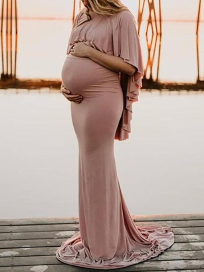 Maternity Stylish Ruffled Pure Color Dress
