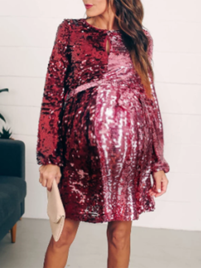 Maternity Fashion Round Neck Colorblock Sequin Long Sleeve Dress