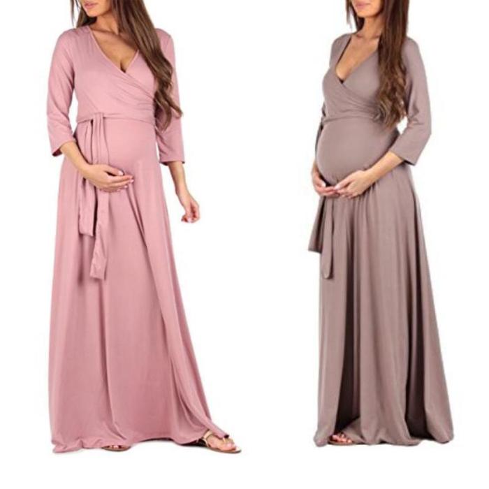 Maternity Full Length Dress With Adjustable Belt