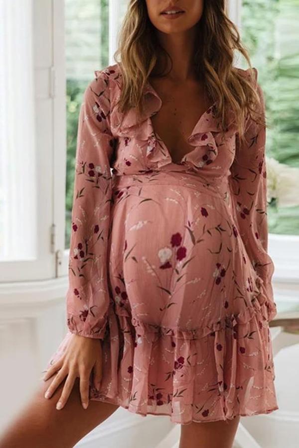 Maternity  V Neck Printed Color Long Sleeve Dress