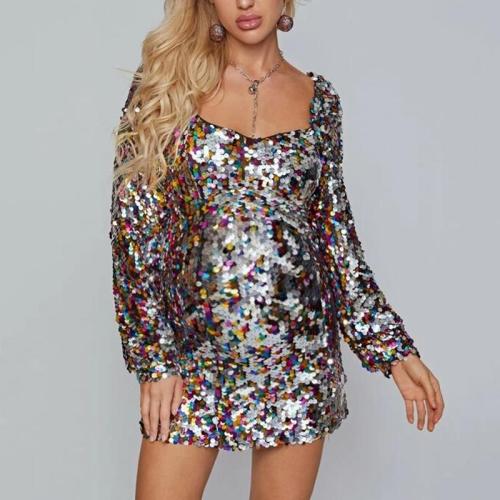 Maternity colouring sequin square neck long sleeves dress