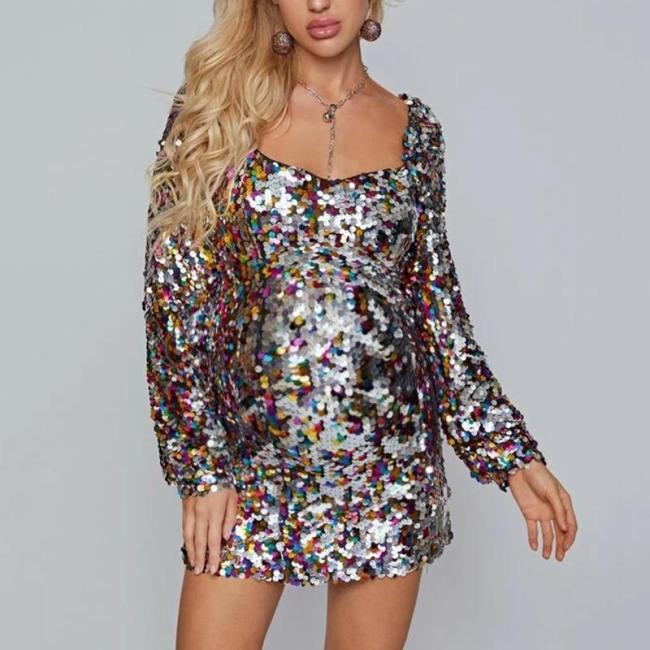 Maternity colouring sequin square neck long sleeves dress