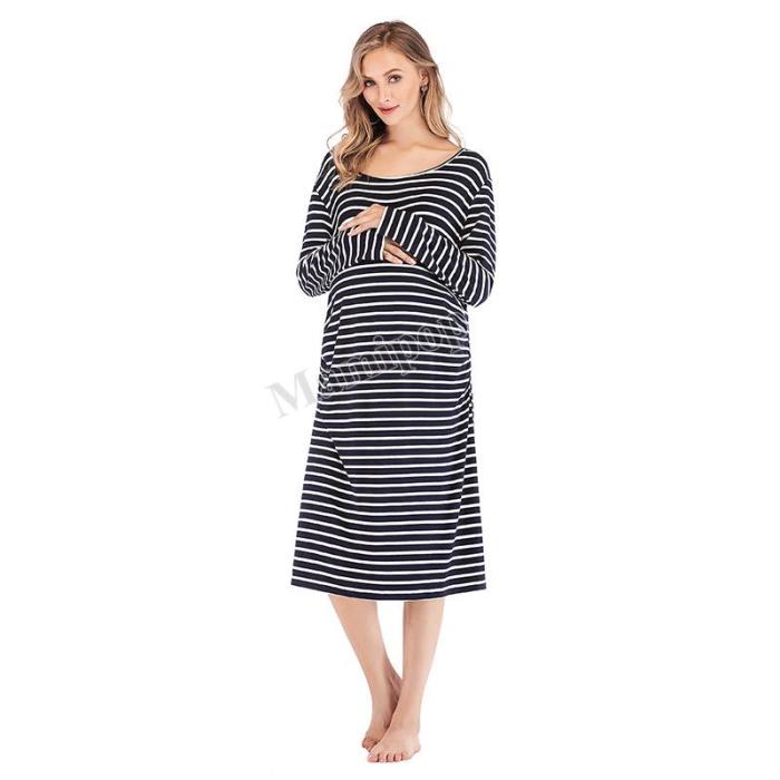 Pregnant Women Striped Dresses Long Sleeve Maternity Mother Clothes Cotton Casual Pregnancy Dress
