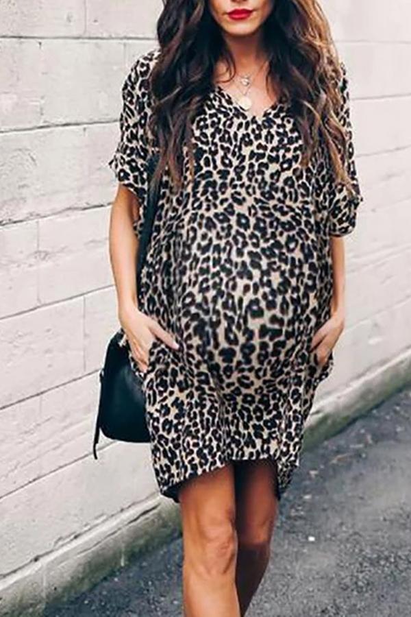 Maternity Casual V Neck Leopard Print Dress