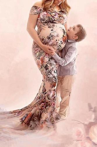 Maternity Floral Print Off Shoulder Floor-Length Dress