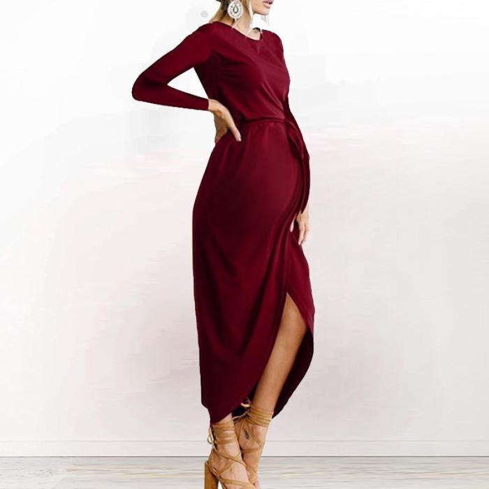 Maternity Casual Solid Color Round Neck Long Sleeve Dress