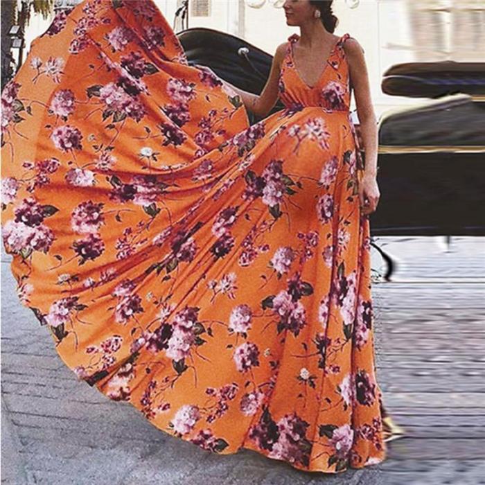 Maternity Fashion Vacation Deep V-Neck Floral Print Maxi Dress