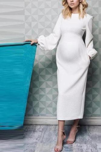 Maternity Daily Bubble Sleeves Pure Color Dress