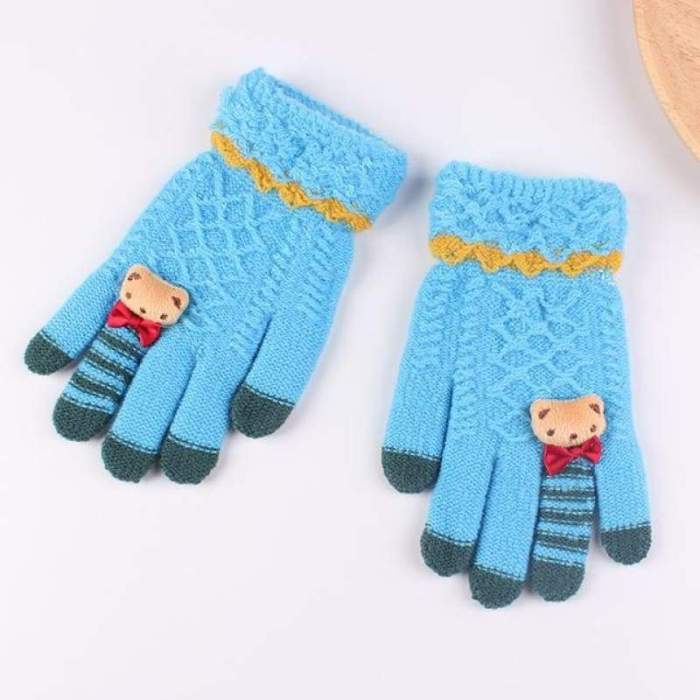 Children Gloves Warm Knitted Gloves with Bear Bow (5-10 Years)