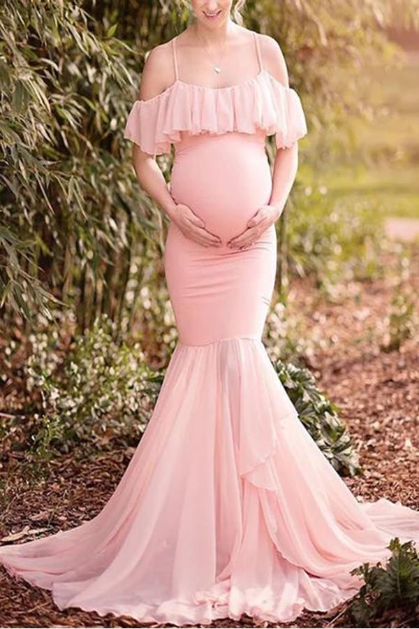 Maternity Trailing Short Sleeve Photoshoot Ruffled Dress