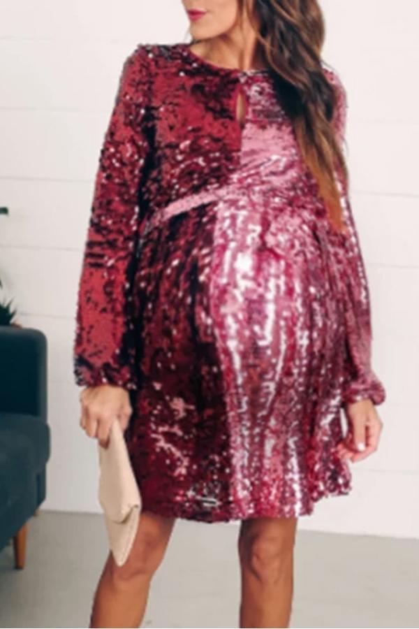 Maternity Fashion Round Neck Colorblock Sequin Long Sleeve Dress