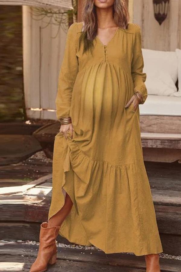 Maternity Fashion Round Neck Pure Colour Ruffled Dress
