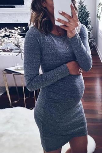 Maternity Casual Round Neck Solid Color Long-Sleeved Slim Dress